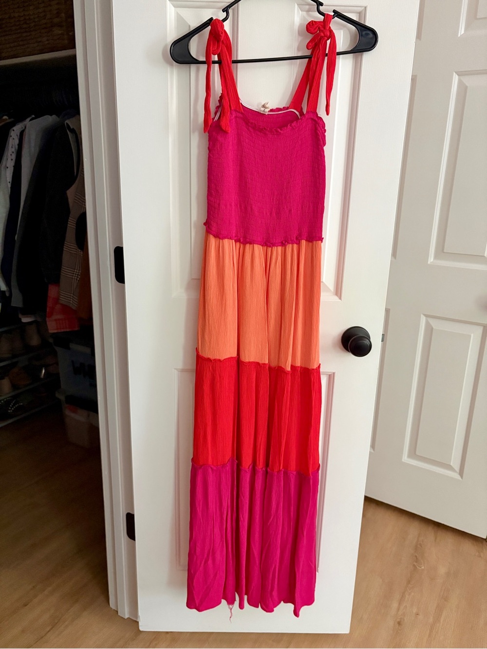 Women’s Tie-Shoulder Colorblock Maxi Dress - Pink & Orange Size S